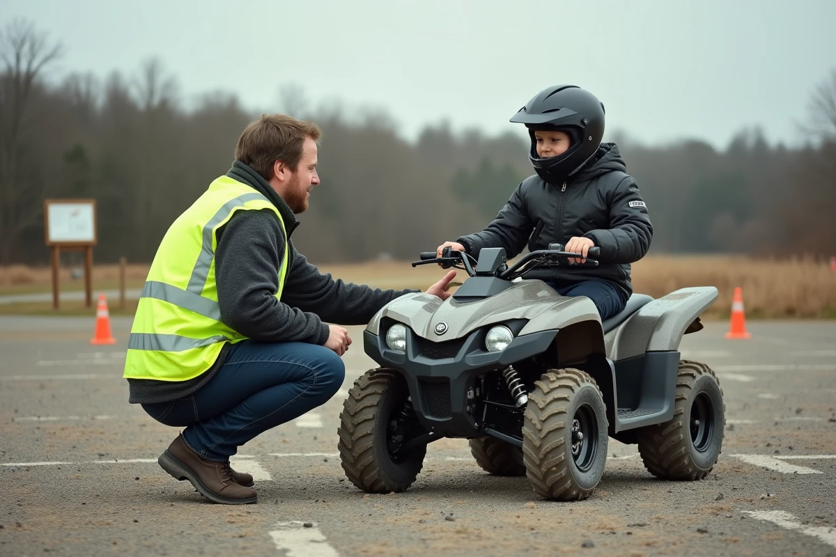 Moniteur d'auto-école expliquant les commandes d'un quad à un adolescent en tenue de protection sur un terrain d'entraînement homologué