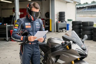 Motard en combinaison de course consultant des documents d'assurance dans le stand d'un circuit moto