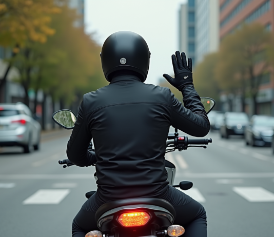 Motard homme signale un virage à gauche en ville