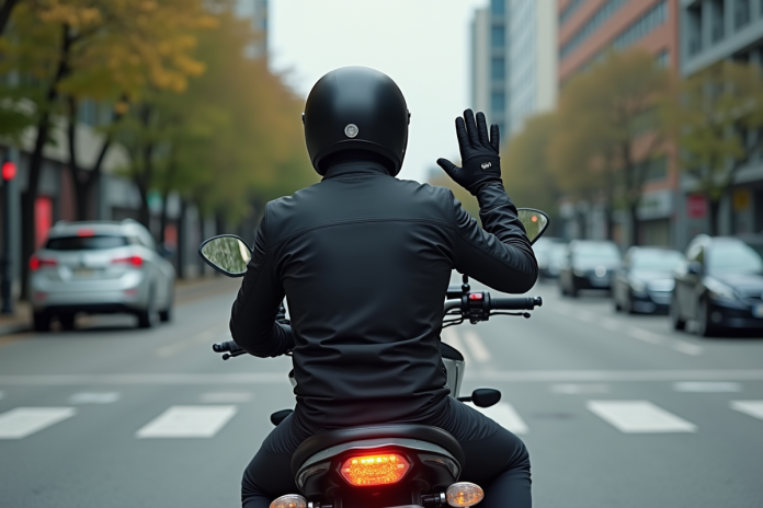 motard-croisement-urbain Motard homme signale un virage à gauche en ville