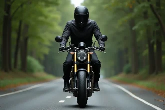 Jeune motard débutant en équipement complet assis sur une moto puissante sur une route forestière