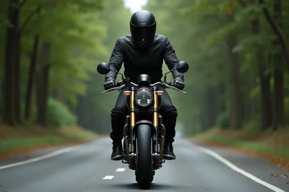 Jeune motard débutant en équipement complet assis sur une moto puissante sur une route forestière