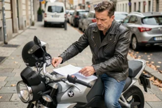 Motard consulte les documents de son assurance moto assis sur sa moto en ville