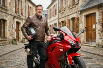 Motard en veste de cuir debout à côté de sa moto sport dans une rue pavée du centre de Rennes avec architecture bretonne en arrière-plan