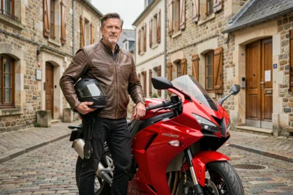 Motard en veste de cuir debout à côté de sa moto sport dans une rue pavée du centre de Rennes avec architecture bretonne en arrière-plan