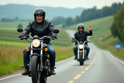 Motard homme en textile sur route rurale verte