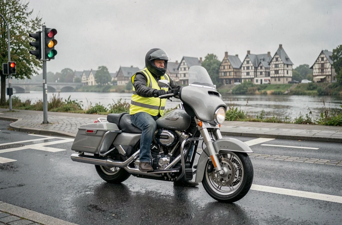 Motard en équipement de sécurité sur une moto de tourisme arrêté à un feu de circulation près de la Vilaine à Rennes