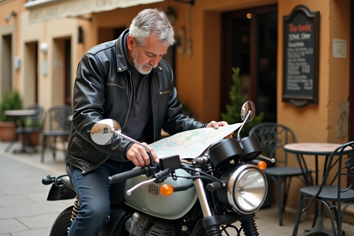 Motard consultant une carte routière devant un café en pierre basaltique dans le vieux centre d'Agde, moto de tourisme garée au premier plan