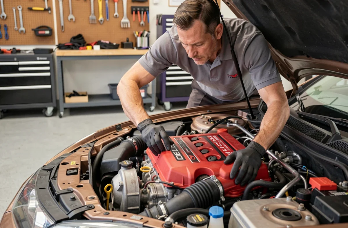Mécanicien inspectant le moteur K20A2 d'une Honda Civic Type R EP3 dans un garage privé