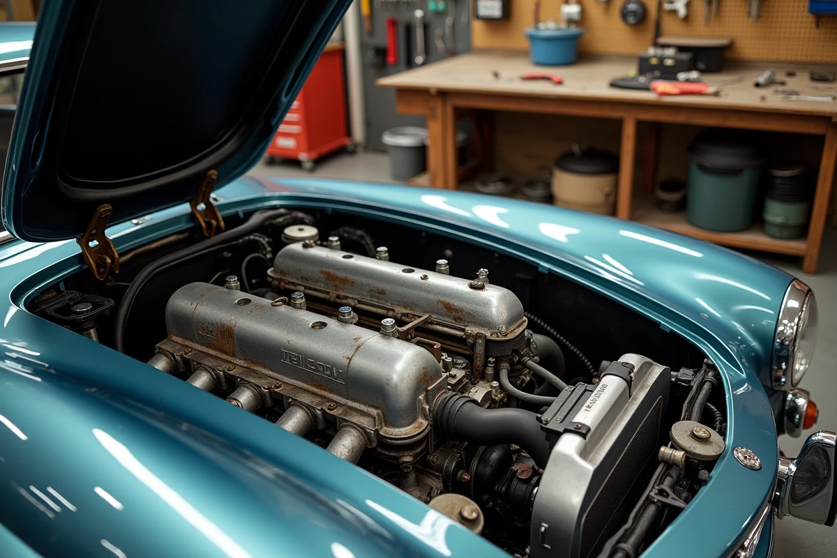 Compartiment moteur d'une Mercedes 300 SL avec injection mécanique Bosch dans un atelier de restauration spécialisé
