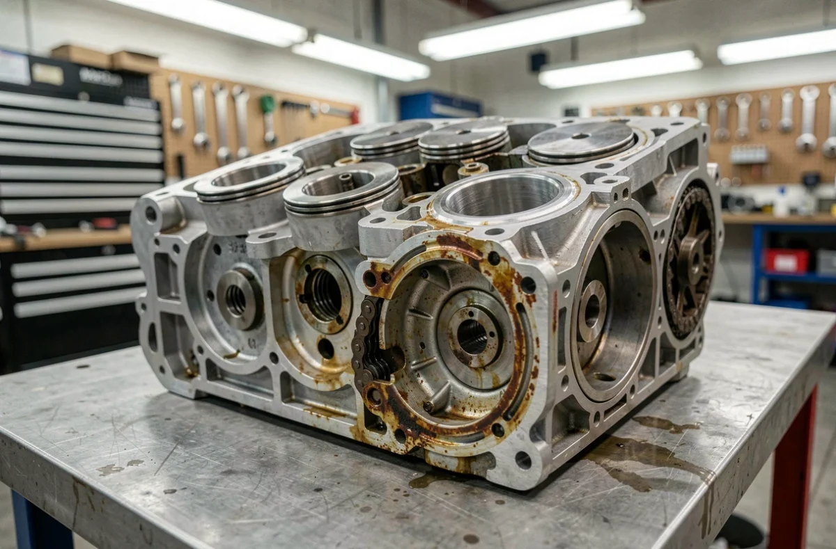 Moteur PureTech 1.2 trois cylindres démonté sur établi avec usure visible des composants internes