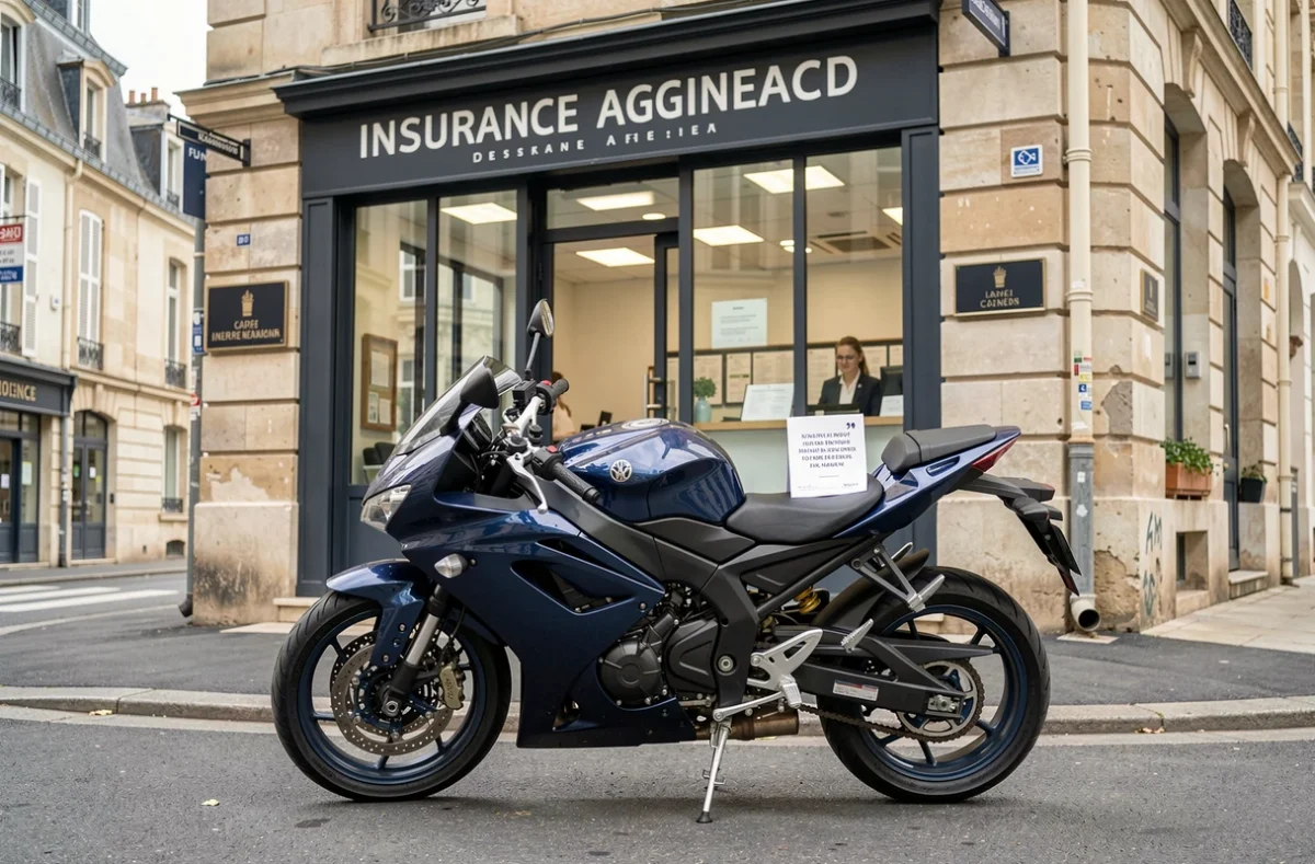 Moto garée devant une agence d'assurance à Limoges avec un devis imprimé posé dessus