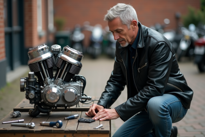 Homme passionne examine un moteur de moto classique en plein air