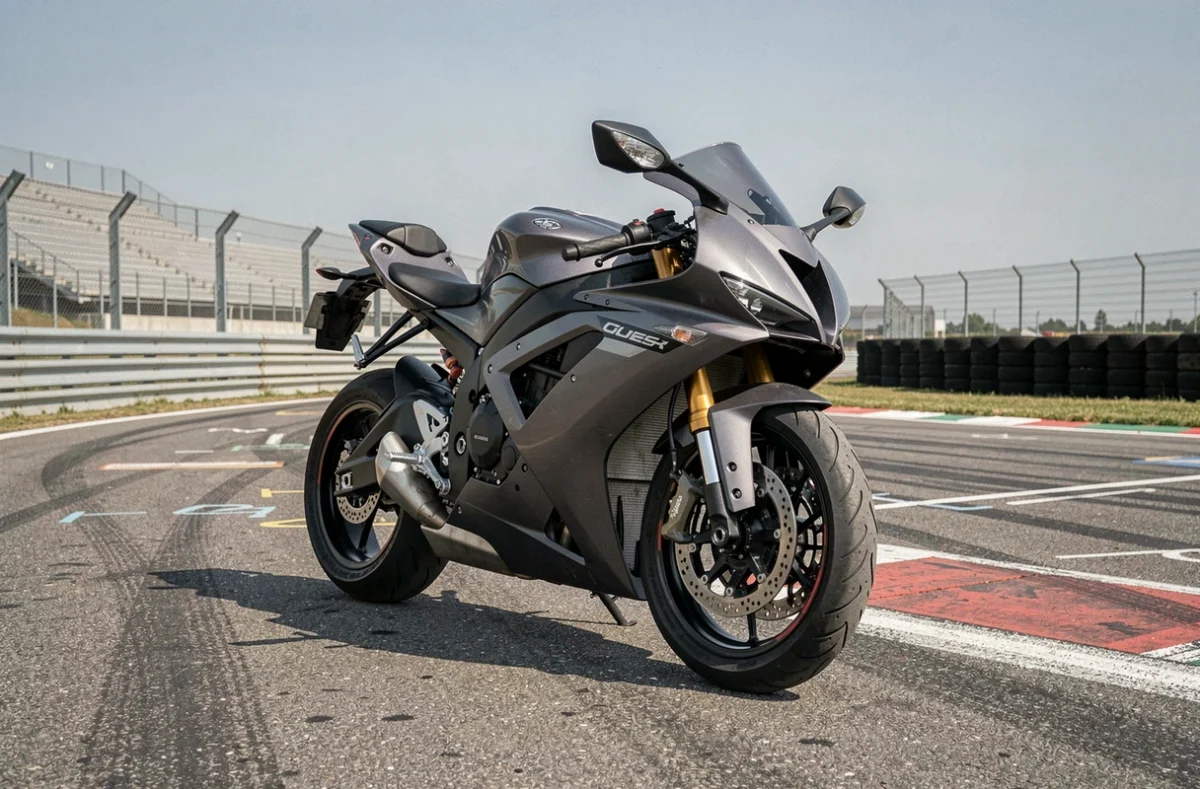 Moto de sport garée sur le circuit avec barrières de sécurité en arrière-plan illustrant l'assurance circuit