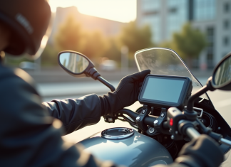 Motocycliste en ville installant un GPS sur la moto