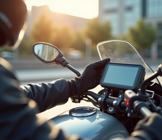 Motocycliste en ville installant un GPS sur la moto