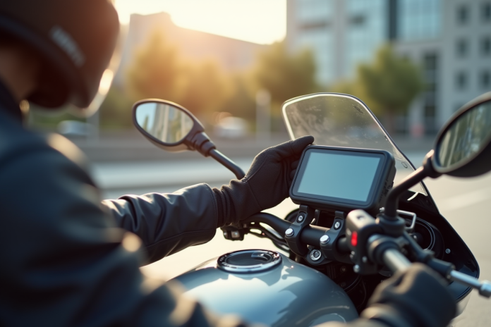 motocycliste-gps-urban Motocycliste en ville installant un GPS sur la moto