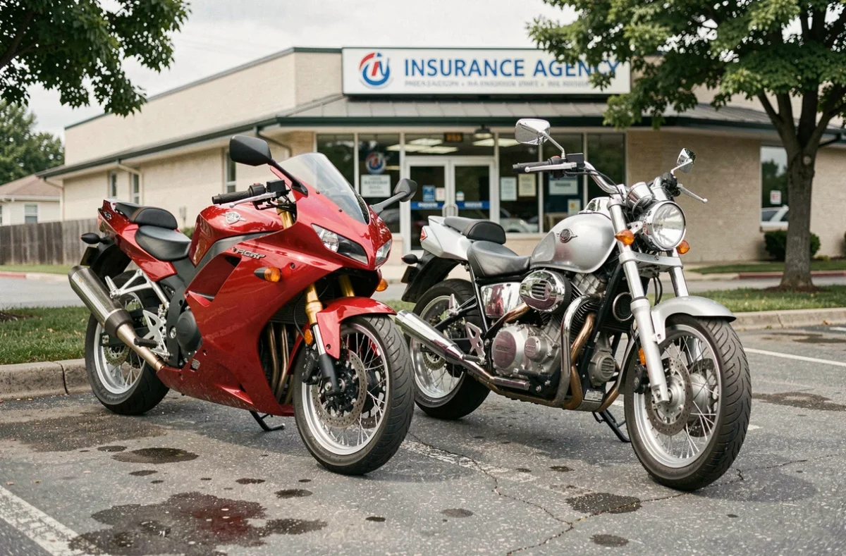 Deux motos garées devant une agence d'assurance illustrant les différents tarifs