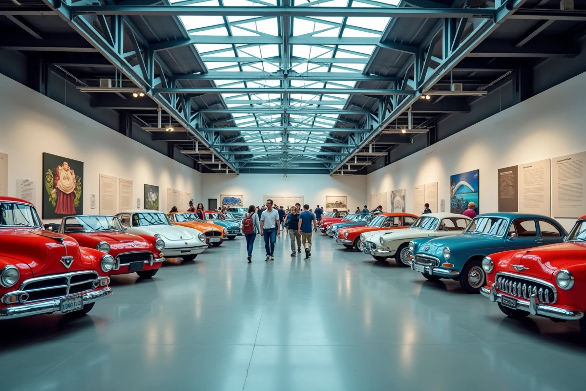 Vue intérieure d'un musée automobile moderne avec plusieurs voitures exposées montrant leurs logos de marques, guide visuel pour reconnaître les emblèmes automobiles