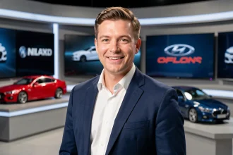 Nouveau présentateur de l'émission Turbo sur M6 dans un studio automobile moderne avec un sourire chaleureux