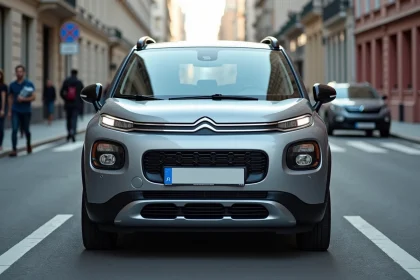 Vue trois-quarts avant de la nouvelle Citroën C3 garée en milieu urbain, mettant en valeur ses proportions de longueur et de largeur