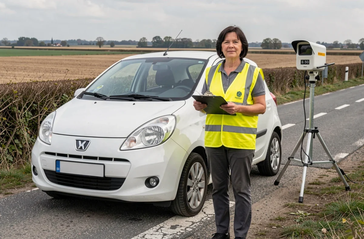 Opératrice de véhicule radar en gilet haute visibilité vérifiant des documents au bord d'une route rurale
