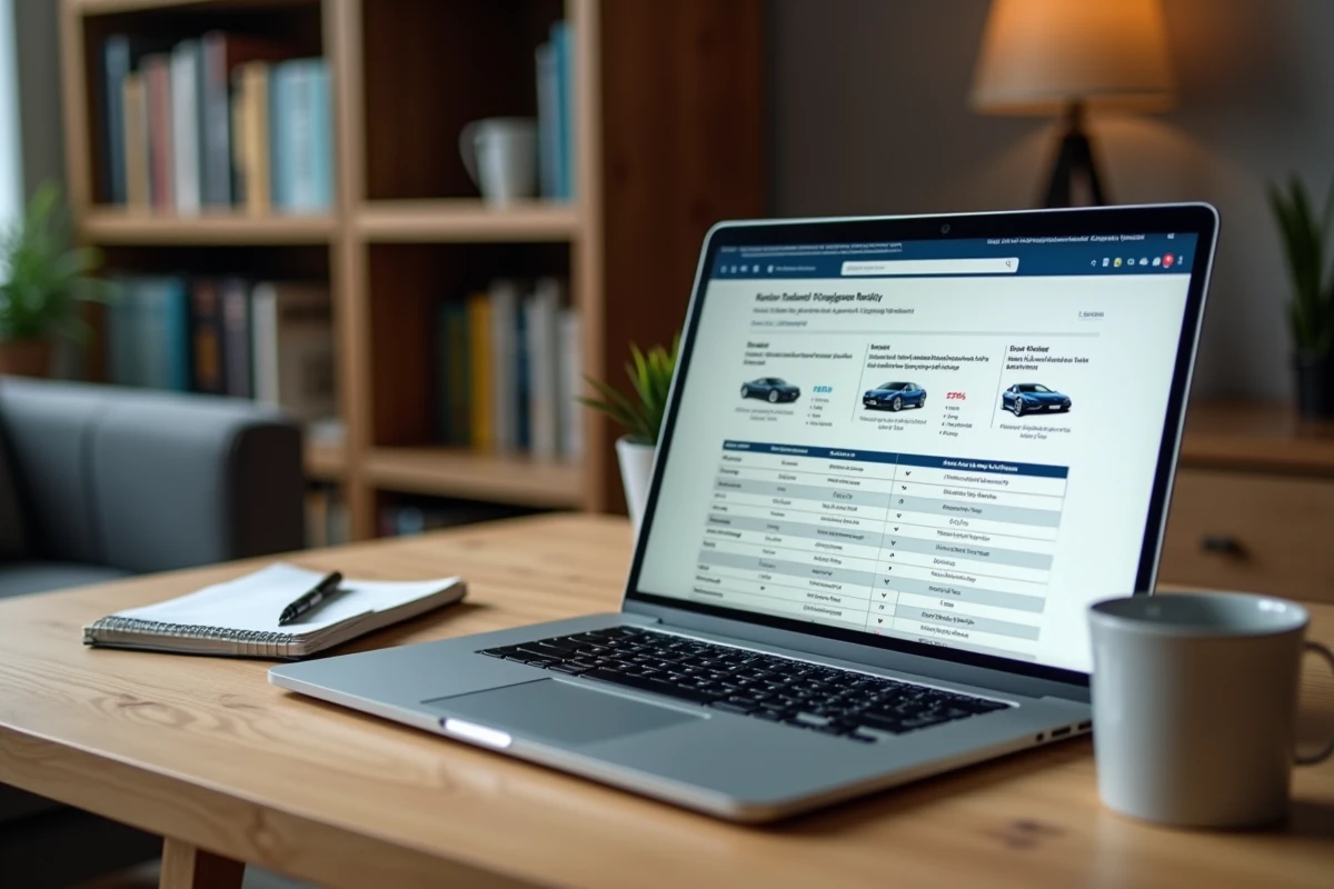 Ordinateur portable affichant un site d'informations automobiles avec des fiches techniques pour préparer un essai en concession