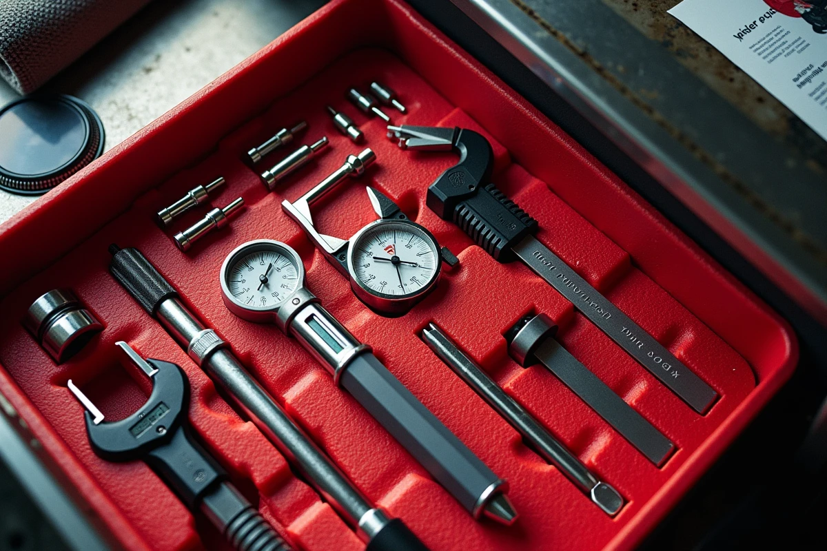 Ensemble d'outils de précision pour mécanicien automobile organisés dans un tiroir de servante d'atelier, incluant micromètre et pied à coulisse numérique