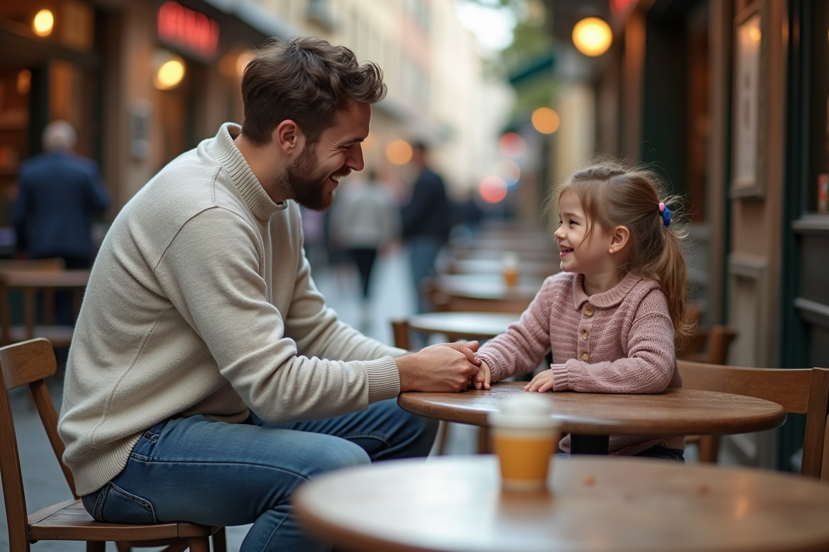 Père en jeans et pull léger tenant la main de sa fille souriante après un déversement en extérieur