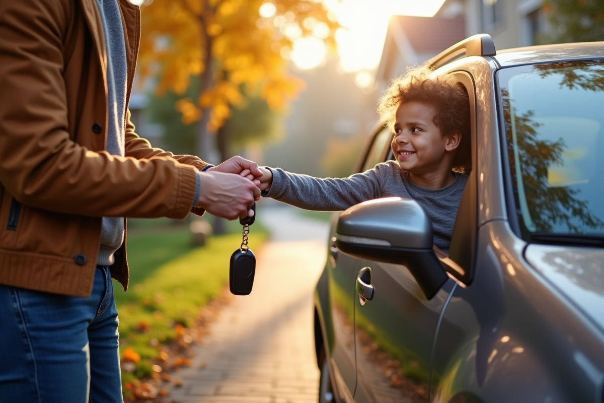Parent donnant les clés à un jeune conducteur heureux
