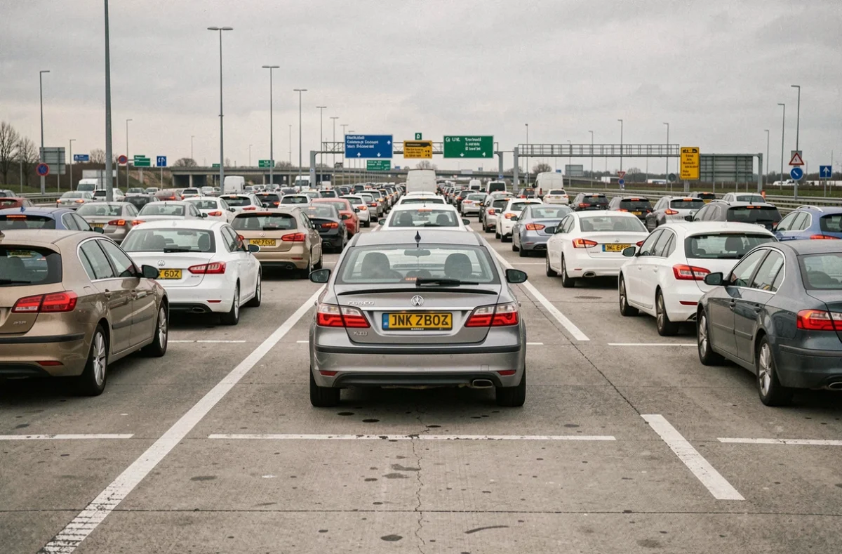Vue grand angle d'un parking d'aire d'autoroute internationale avec plaques d'immatriculation de plusieurs pays européens
