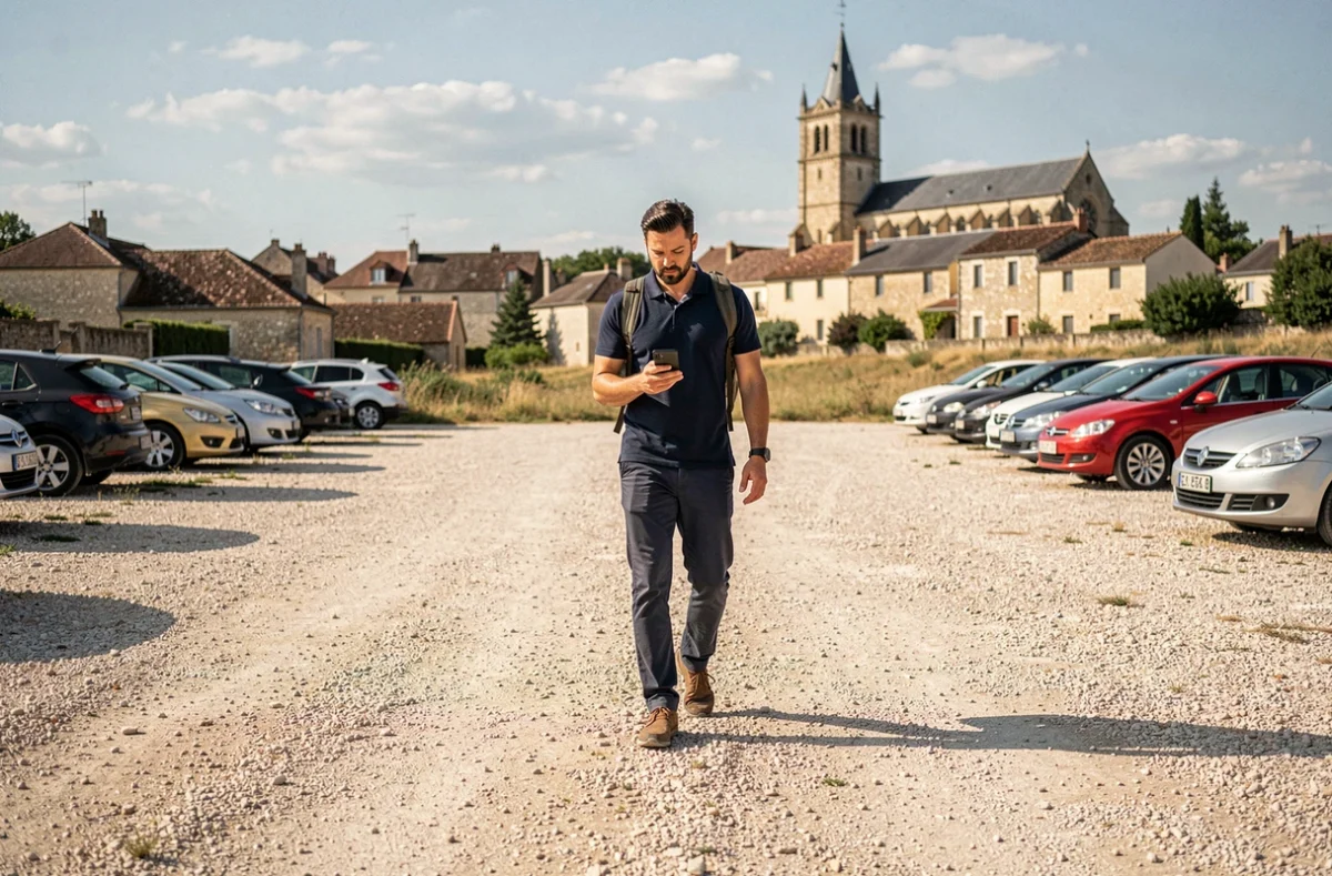 Homme marchant dans un parking gratuit en périphérie de Sarlat avec vue sur les toits médiévaux de la ville