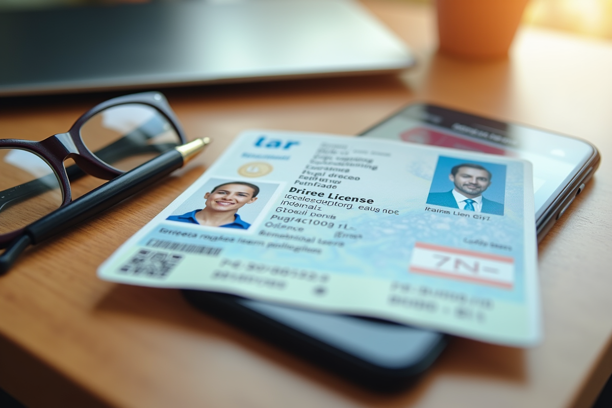 Permis de conduire français avec smartphone et stylo sur table