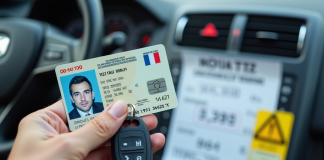 Permis de conduire et clé de voiture en main avec ticket en arrière-plan