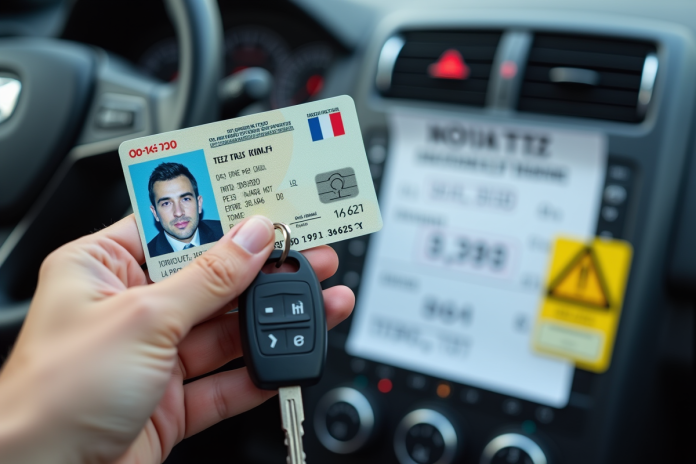 Permis de conduire et clé de voiture en main avec ticket en arrière-plan