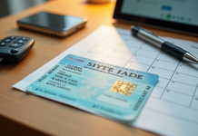 Permis de conduire français sur un bureau en lumière naturelle