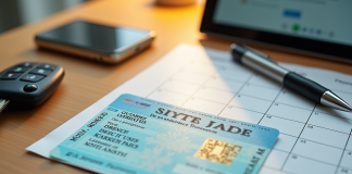 Permis de conduire français sur un bureau en lumière naturelle