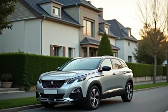 Peugeot 3008 Hybrid 136 e-DCS6 garée devant une maison familiale en banlieue, vue 3/4 avant