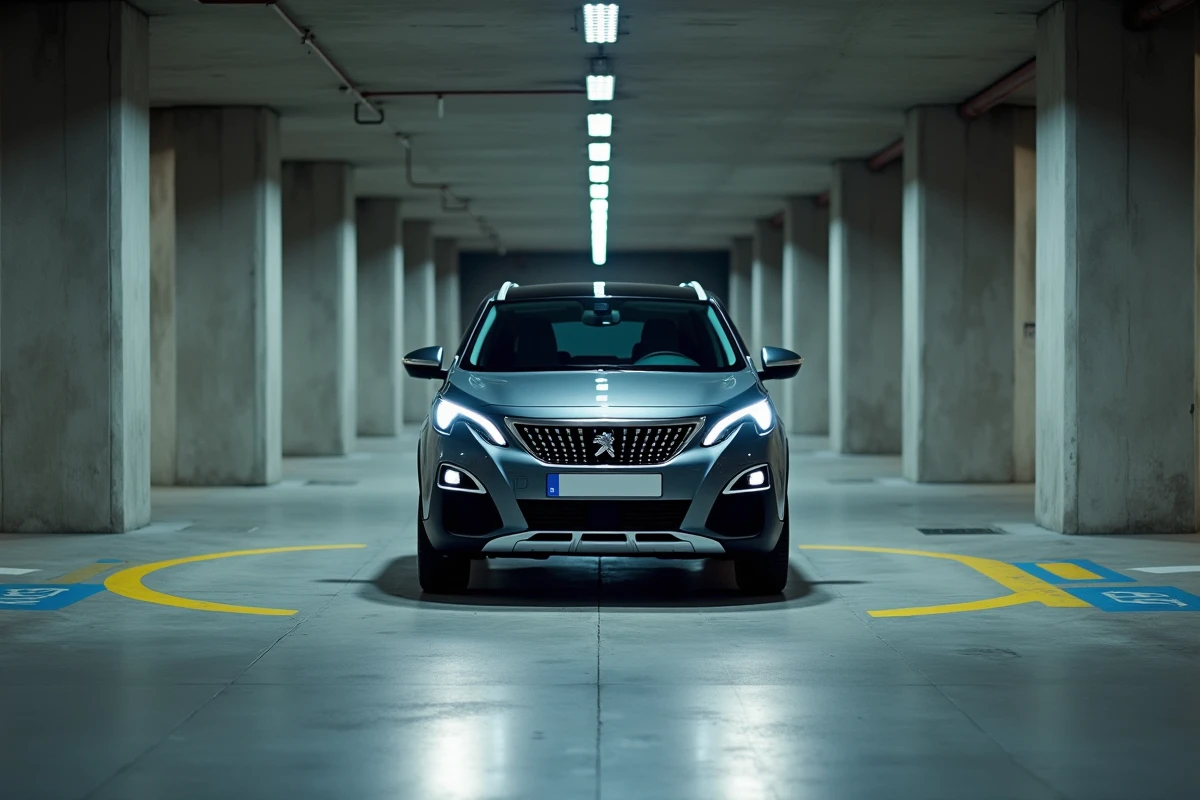 Peugeot 3008 Phase 2 en manœuvre dans un parking souterrain étroit illustrant son rayon de braquage réel