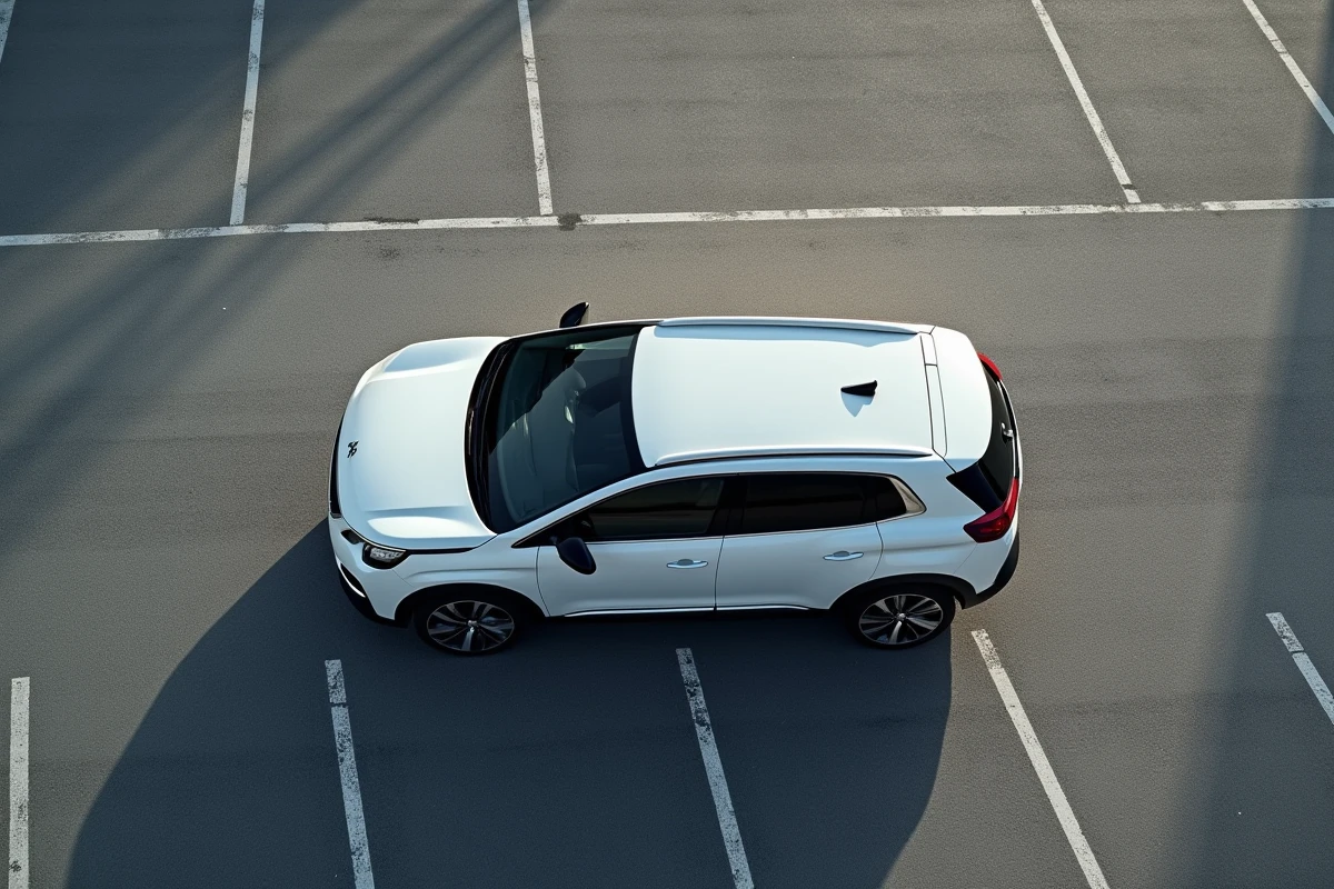 Vue aérienne de dessus de la Peugeot 3008 Phase 2 dans un parking vide pour illustrer ses dimensions et son empattement