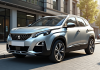Peugeot 3008 argentée dans la ville en plein soleil