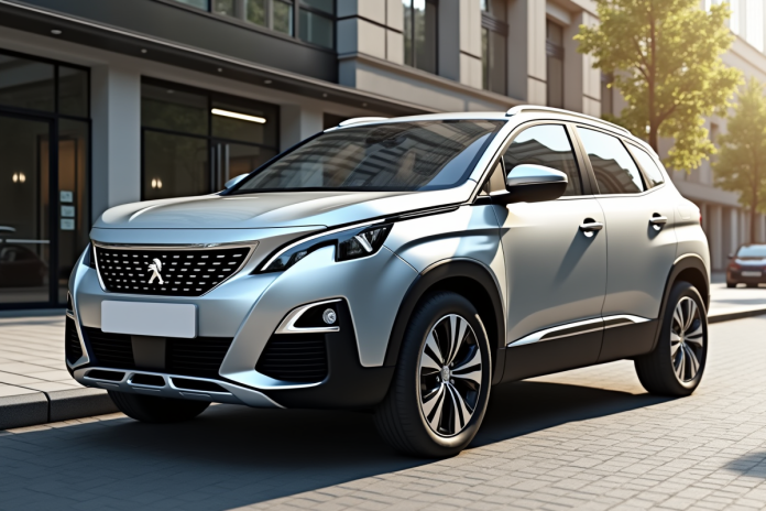 Peugeot 3008 argentée dans la ville en plein soleil