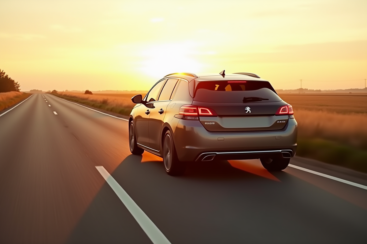 Peugeot 308 hybride roulant en campagne au coucher du soleil