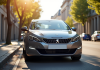 Peugeot 308 hybride devant une ville ensoleillee