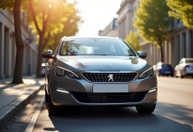 Peugeot 308 hybride devant une ville ensoleillee