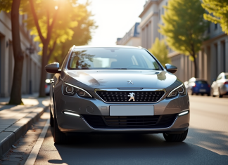Peugeot 308 hybride devant une ville ensoleillee