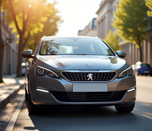 Peugeot 308 hybride devant une ville ensoleillee