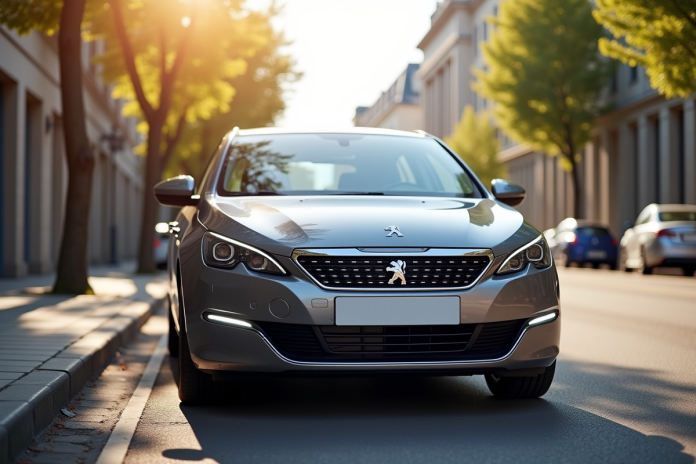 Peugeot 308 hybride devant une ville ensoleillee