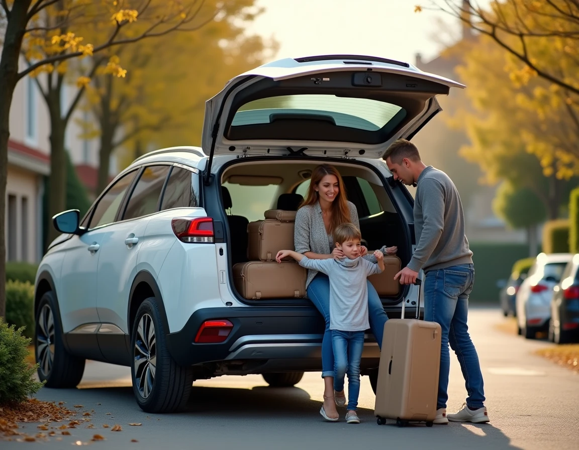 Famille chargeant ses bagages dans le coffre d'un Peugeot 5008 Hybrid avant un départ en week-end