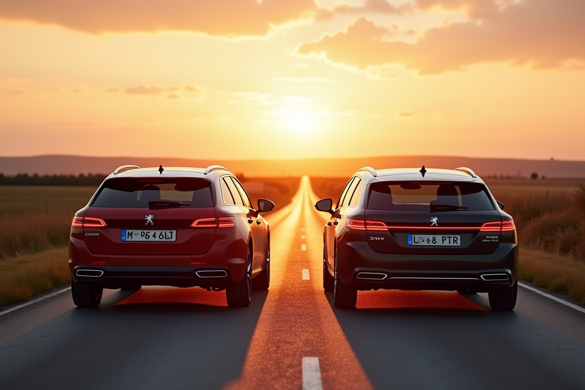 Peugeot 508 SW ancienne et moderne sur route de campagne